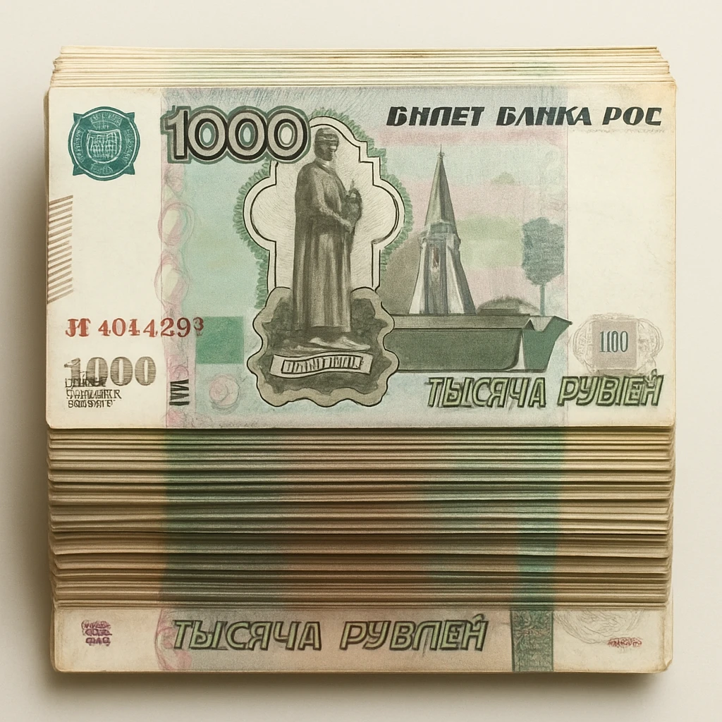 a stack of Russian ruble banknotes viewed from the top, showing the bills' details and colors emoji