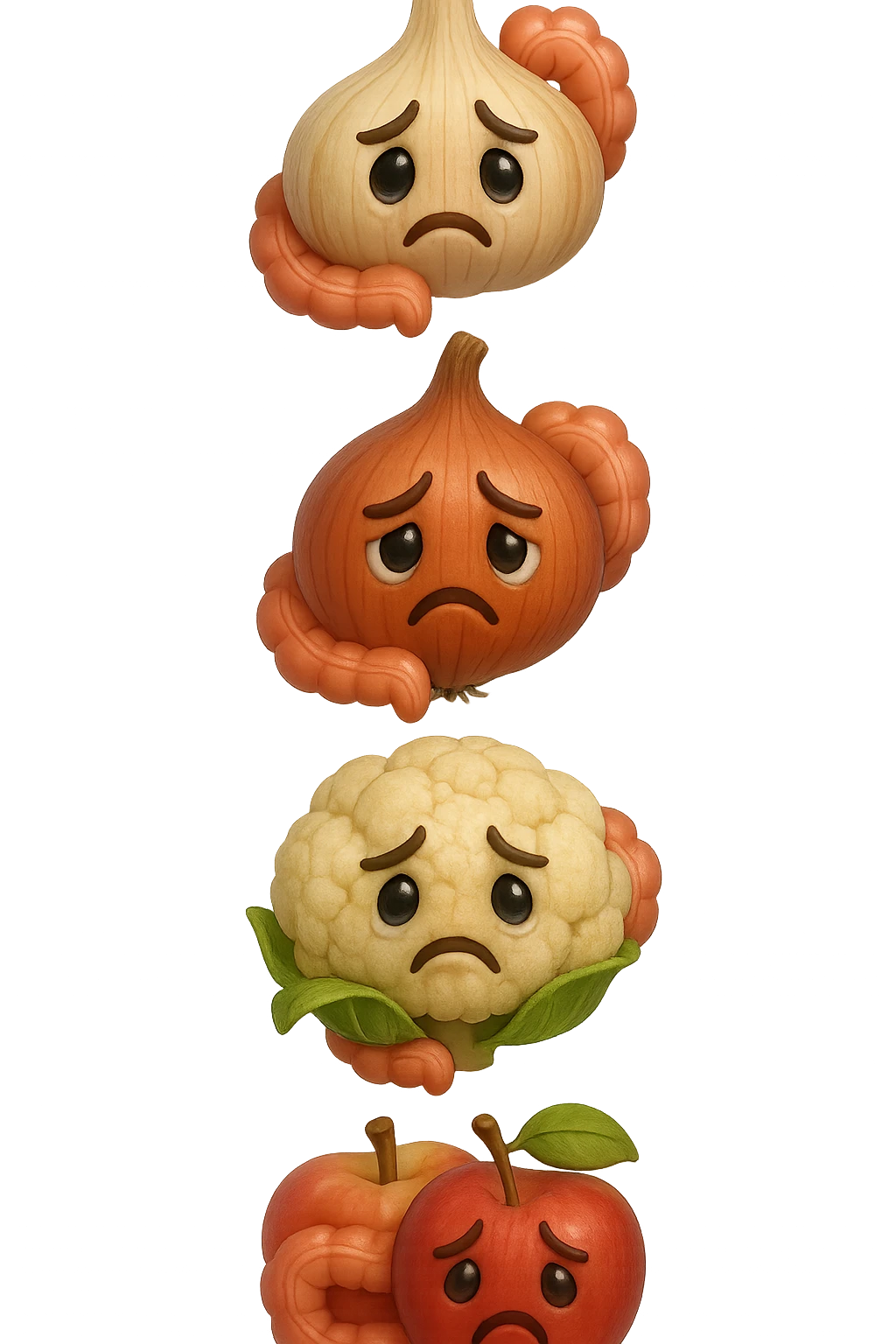 EMOJI STILE IPHONE DI aglio, cipolle, cavolfiore e mele che cadono verticalmente dall'alto con espressione triste con pezzi di colon avvolti intorno, IPERREALISTICO 4K emoji