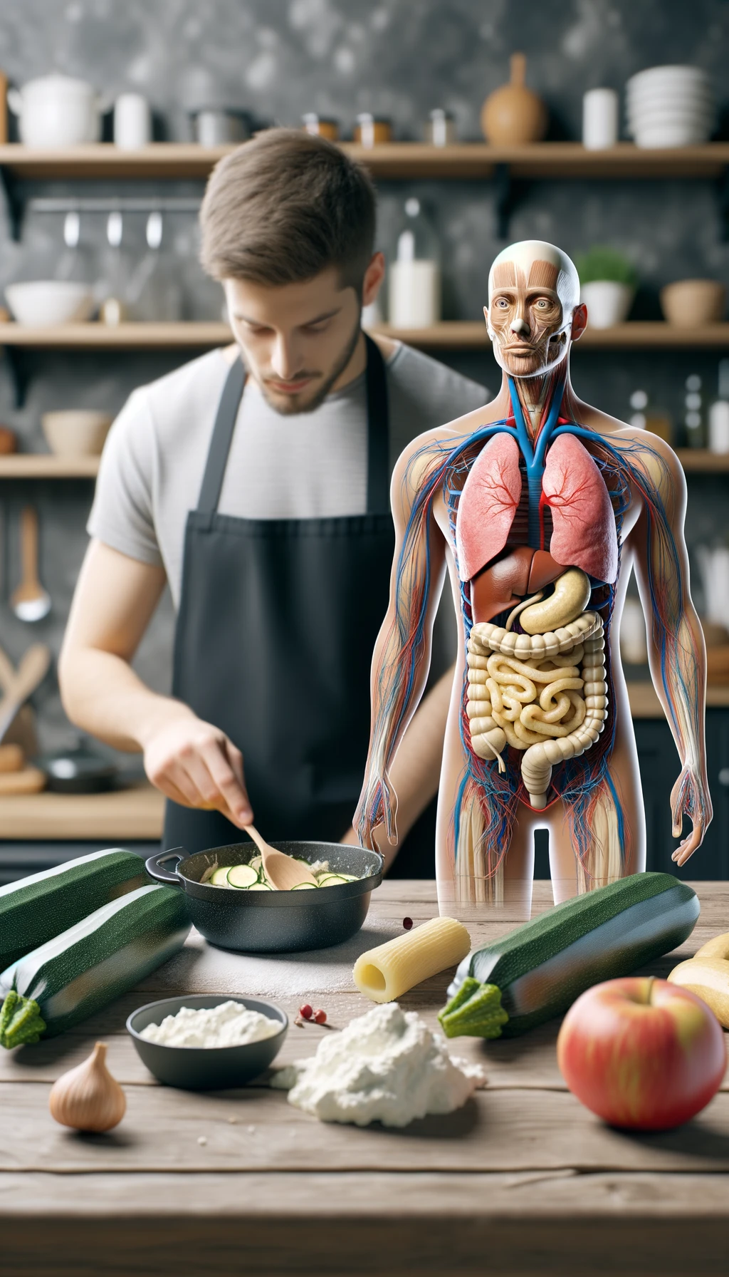 corpo umano con capelli corti con grembiule nero che cucina una ricetta con zucchine, gnocchi e ricotta, intestino realistico in evidenza, cucina sfocata sullo sfondo emoji