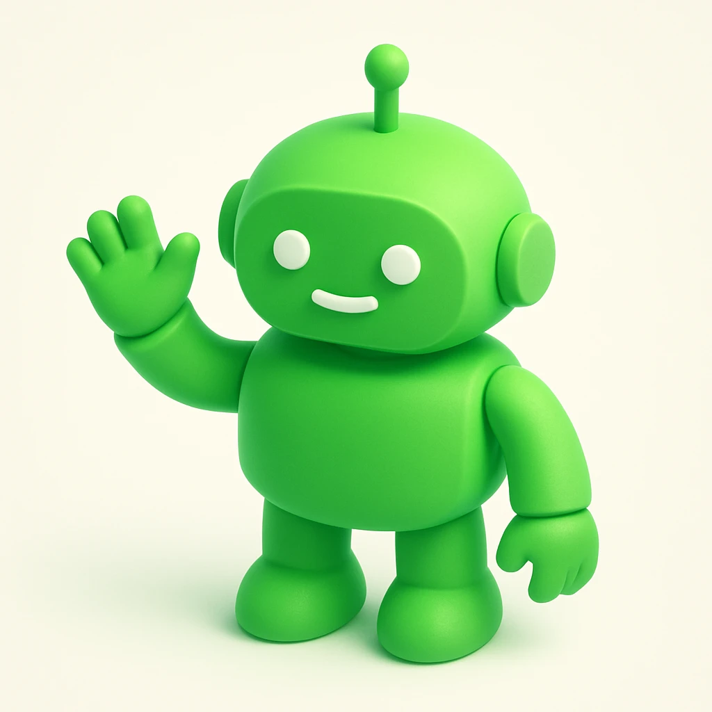 3D green robot waving, with a metallic finish emoji