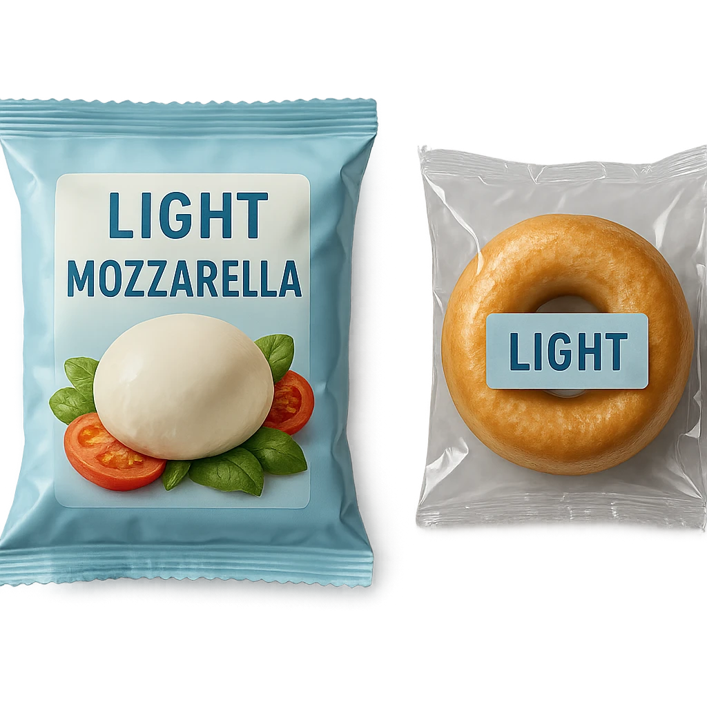 PACCHTTO DI MOZZARELLA LIGHT CON LA SCRITTA "LIGHT" SULLA CONFEZIONE, ACCANTO AD UN DONUT CONFEZIONATO CON LA SCRITTA "LIGHT" SULL'ETICHETTA,  iperrealistico 4k emoji