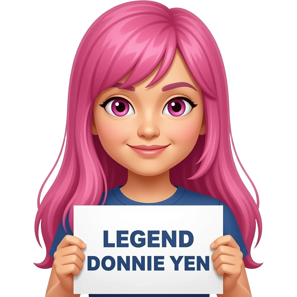 sexy girl with long pink hair and pink eyes holding LEGEND DONNIE YEN sign emoji