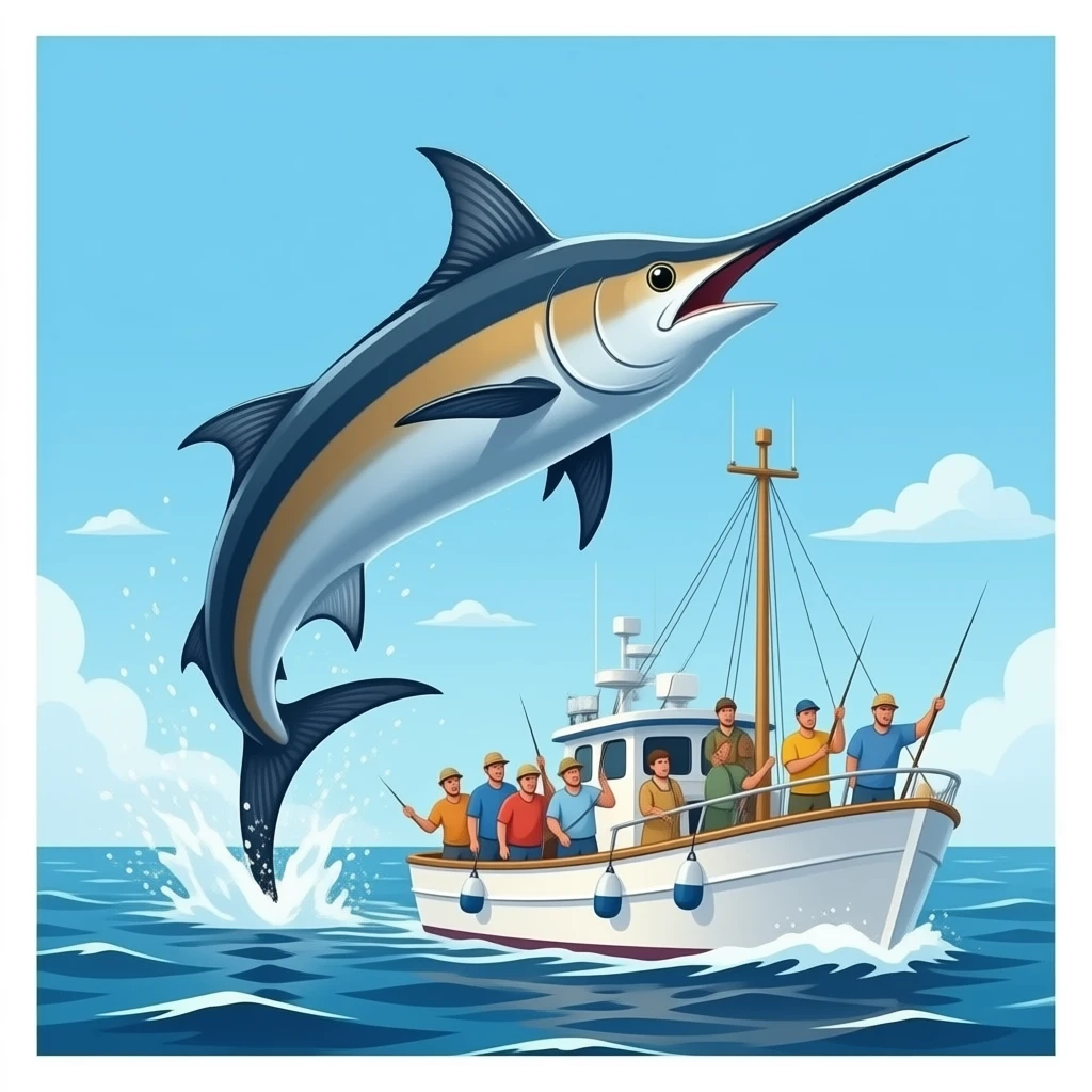 a massive marlin jumping into a fishing boat load of fishermen emoji
