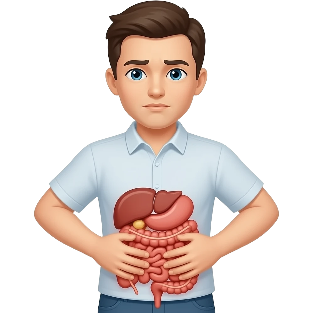 person with abdominal pain with bowel appearing emoji