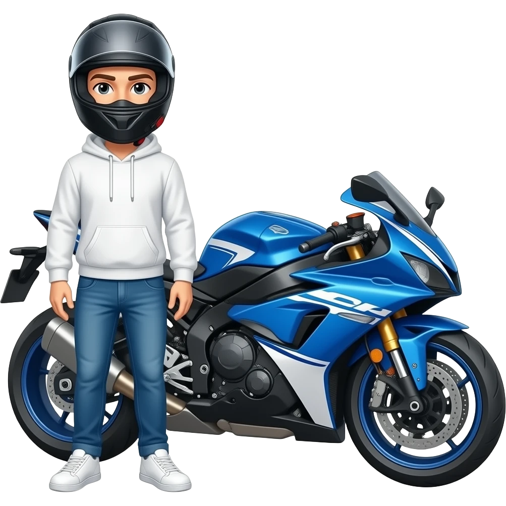a man with a black helmet including a black vision wearing a white hoodie, bright blue jeans and white sneaker stands in front of a blue and white motorcycle emoji