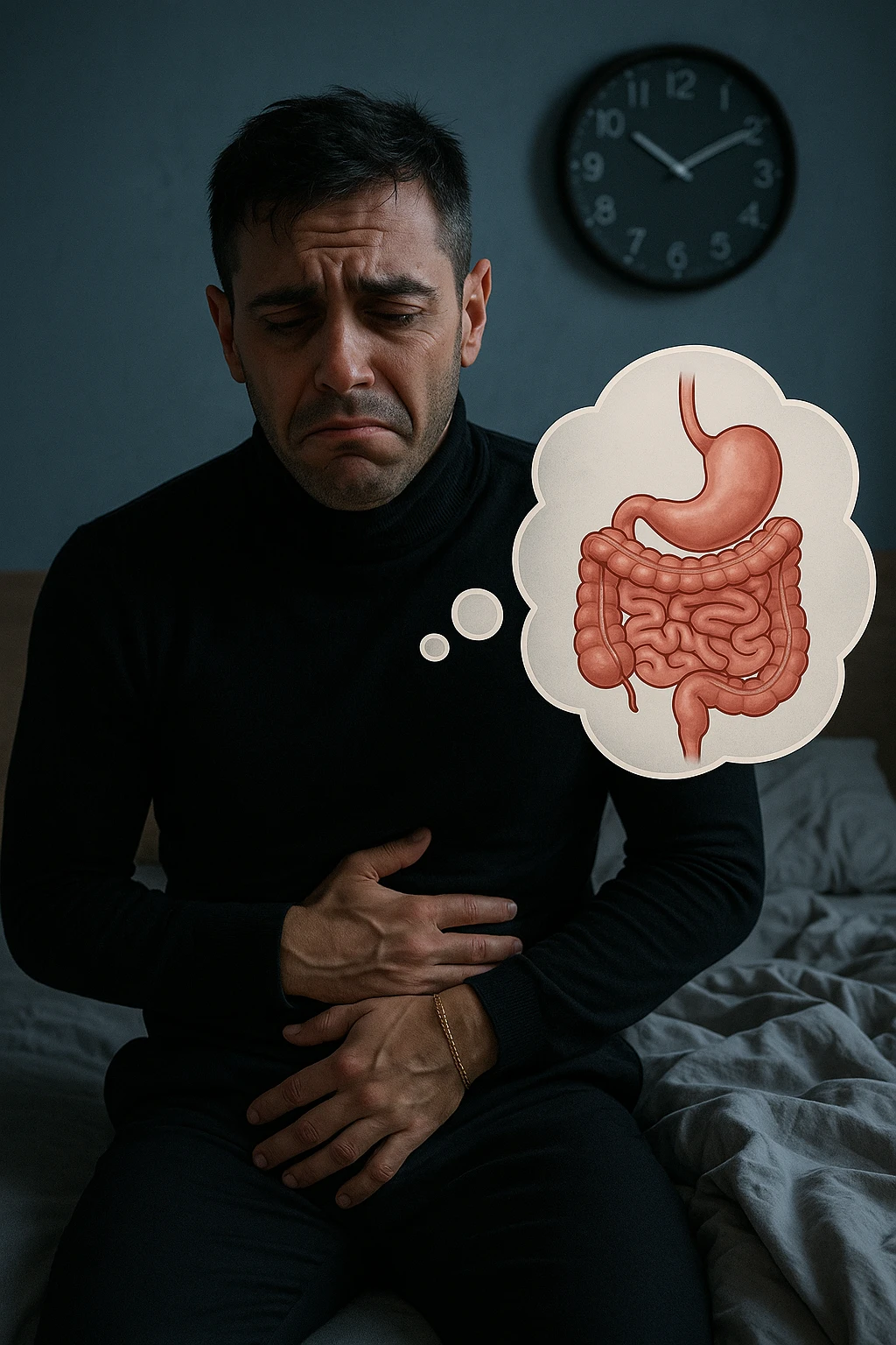 a tired-looking man sits on the edge of his bed at dawn, holding his stomach with a pained expression. Dark circles under his eyes and a messy bed indicate poor sleep. In the background, a clock shows early morning hours, and a thought bubble or overlay highlights digestive organs, emphasizing intestinal discomfort linked to sleep deprivation. emoji