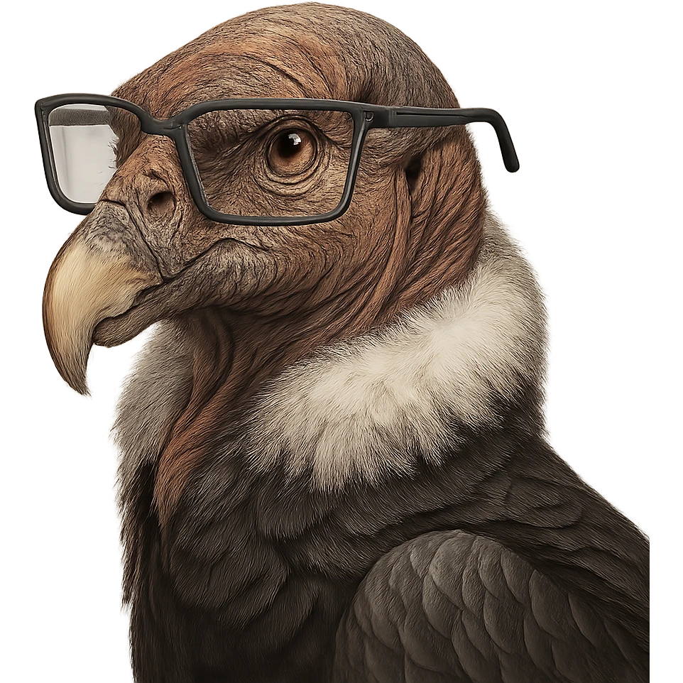 a condor with smart glasses, looking wise and alert, detailed and expressive emoji
