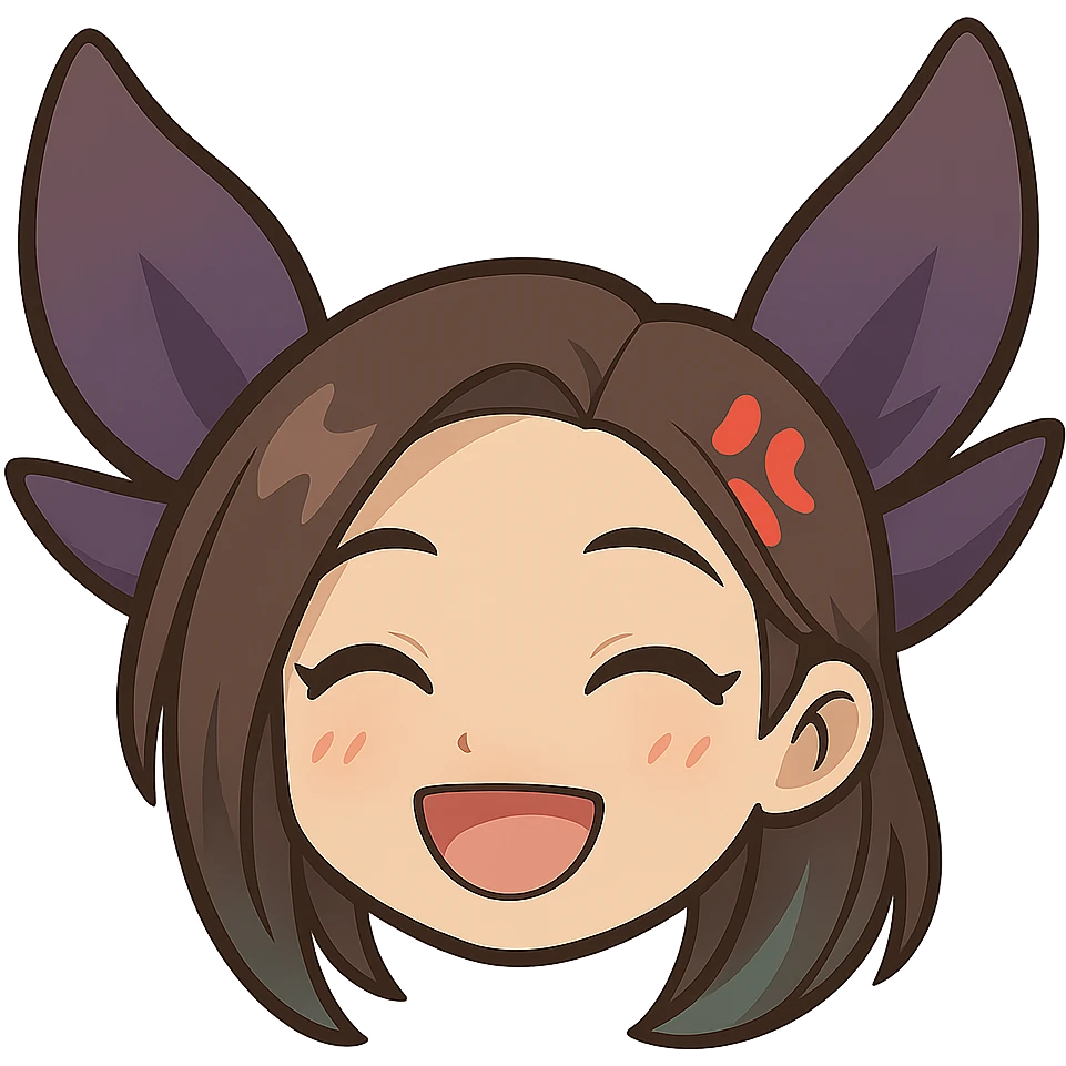 Create a chibi style emote of Kaisa from League of Legends showing a happy expression, only the head is visible. This is alternate happy expression 1 with a transparent background. emoji