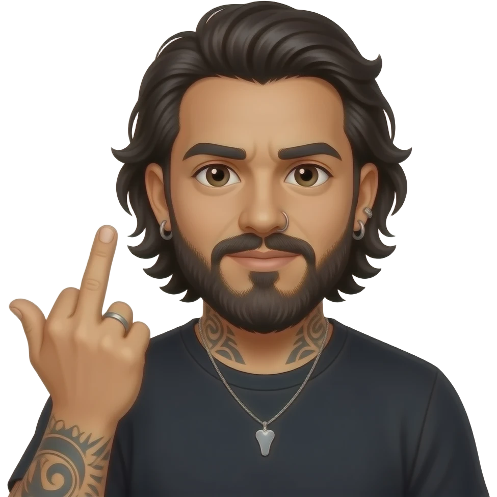The handsome Latino podcast host with medium length hair, a long beard and tattoos with his ears pierced and a nose ring on the right side flipping somebody off with his middle finger emoji