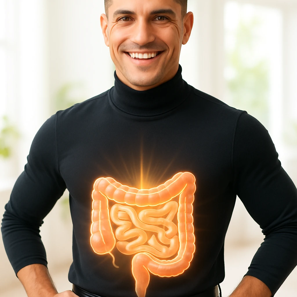 Create a semi-realistic wellness-themed image of a healthy and fit 30-year-old man inspired by the reference image. Show a glowing stylized visualization of a healthy intestine over his abdominal area, with the gut appearing vibrant, clean, well-shaped, and possibly semi-transparent to reveal a clean digestive tract. The man smiles confidently, radiating energy and balance. The background is bright and minimalistic, resembling a health clinic or natural setting, with soft natural lighting and a positive, vibrant atmosphere. emoji