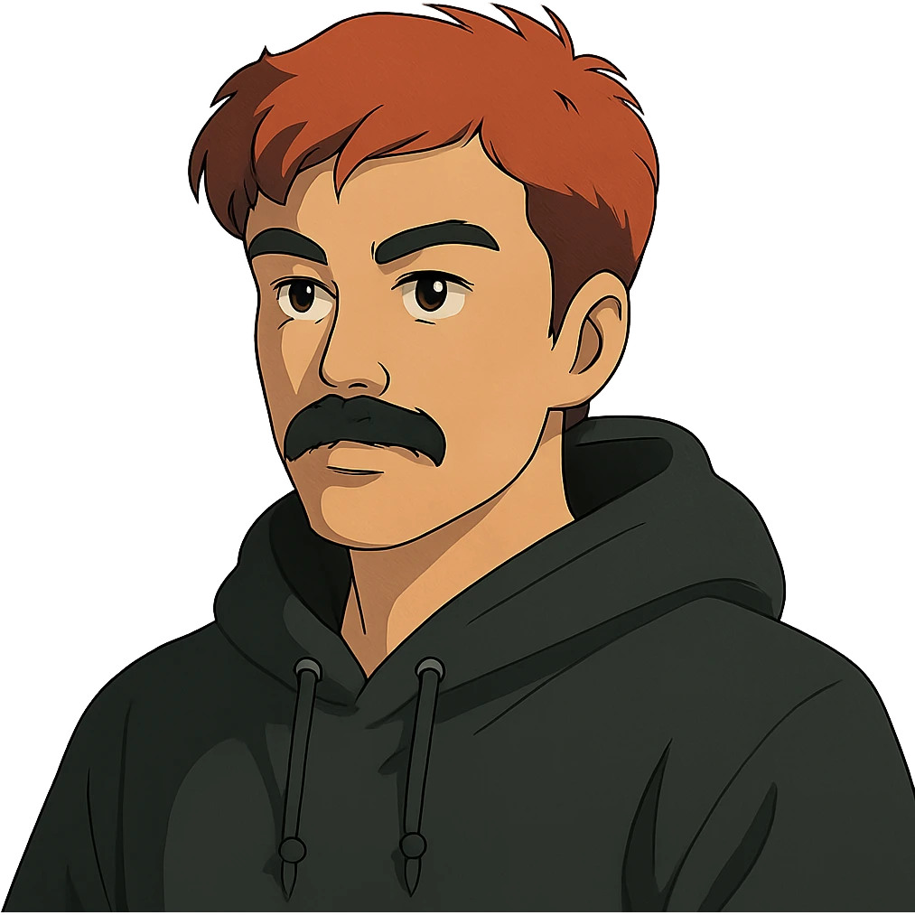 Asian man with black mustache, red hair, wearing a black hoodie, in 80's Japanese cyberpunk anime style emoji