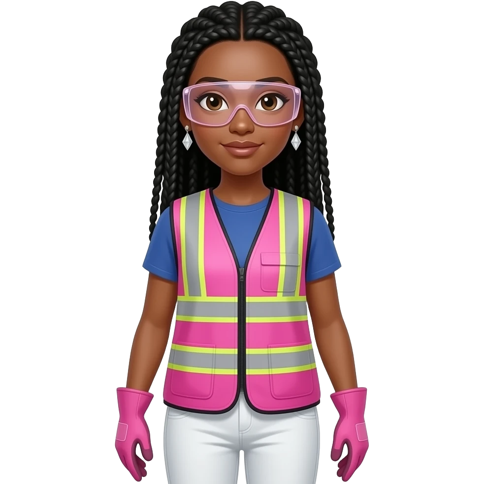Light skin complextion woman with brown eyes with long black box braids wearing diamond earrings wearing pink and clear safety glasses wearing a pink construction vest wearing white pans wearing pink construction vest wearing white pants wearing pink construction gloves emoji