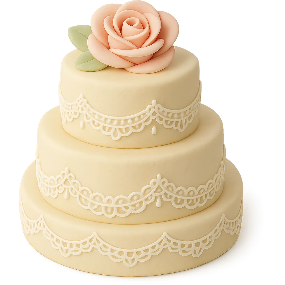 tiered fondant cake with lace piping emoji
