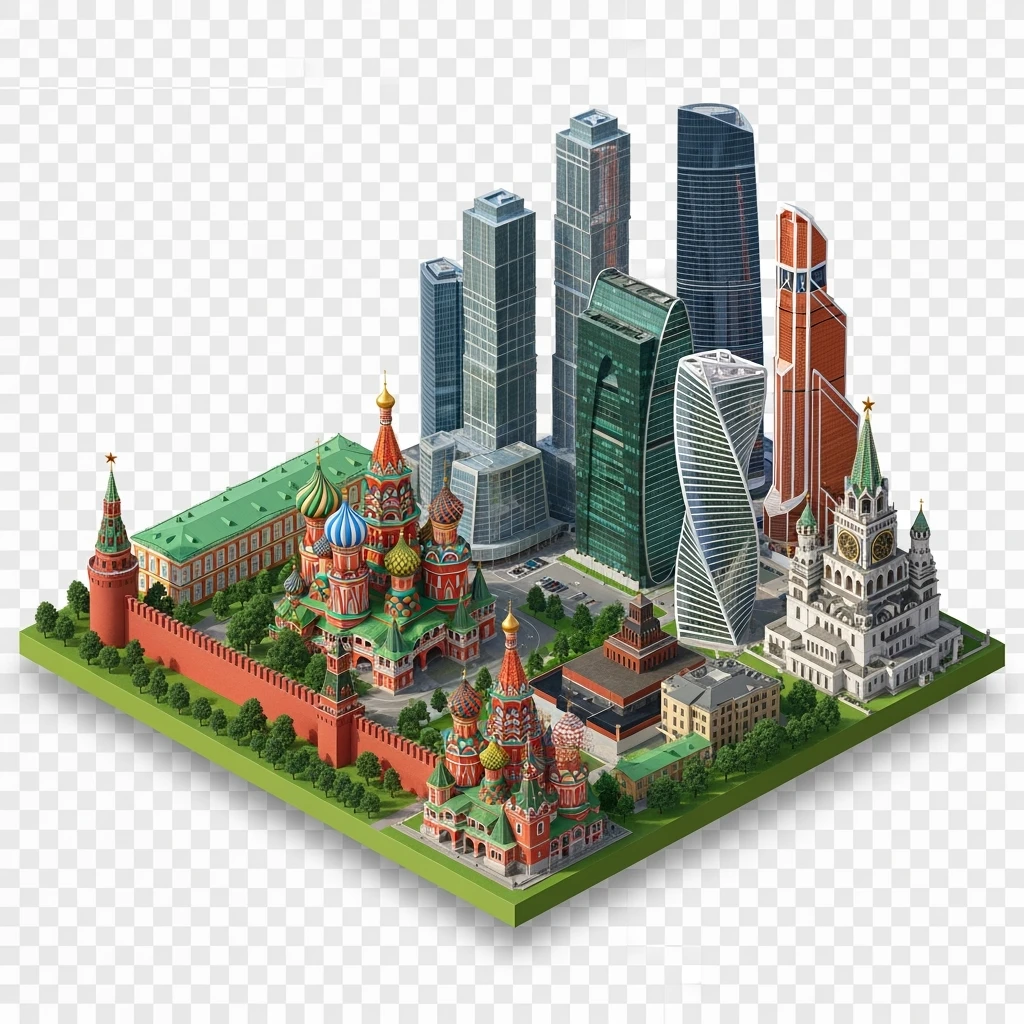 Изометрическая фотореалистичная иллюстрация-модель Москвы с Кремлем с Храмом Василия Блаженного и Сити, баланс между стилизацией и реализмом, эффект миниатюры, прозрачный фон emoji