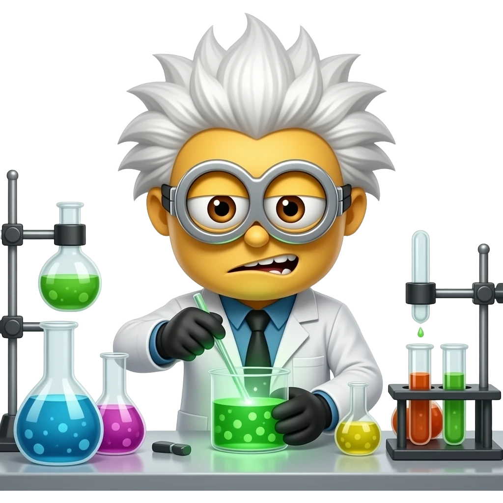 evil scientist minion in lab coat with wild white hair mixing potions emoji