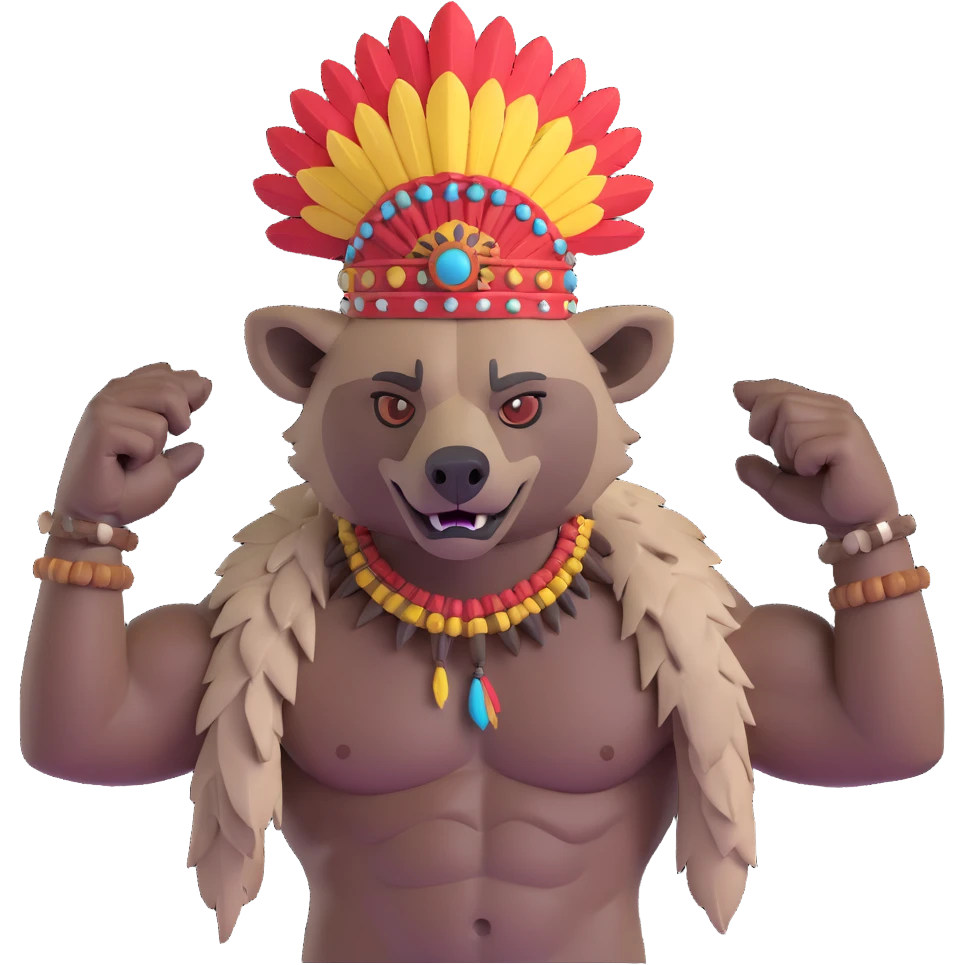 A native strong buff hyena with war bonnet flexing posing holding human head  emoji