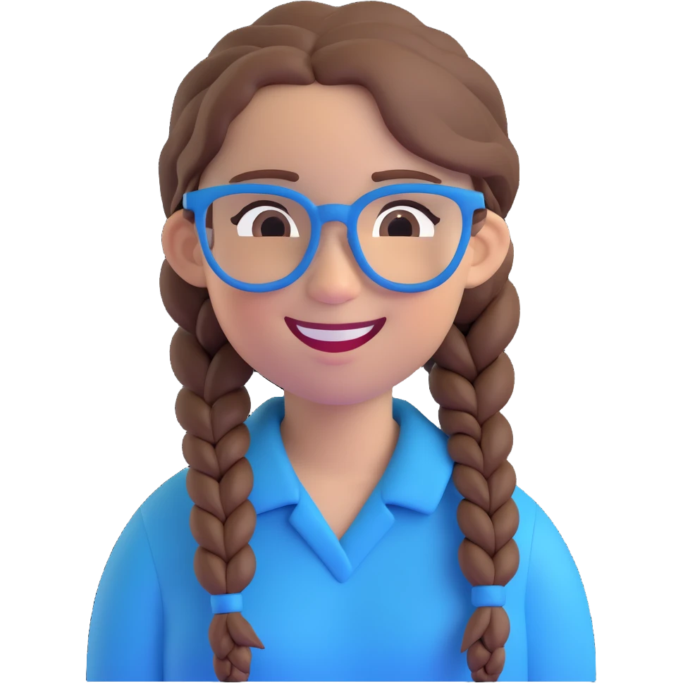 Redraw the character in a 3D Disney style with no background. Keep the brown hair in a braid, blue glasses, and a happy expression, referencing the provided image. emoji