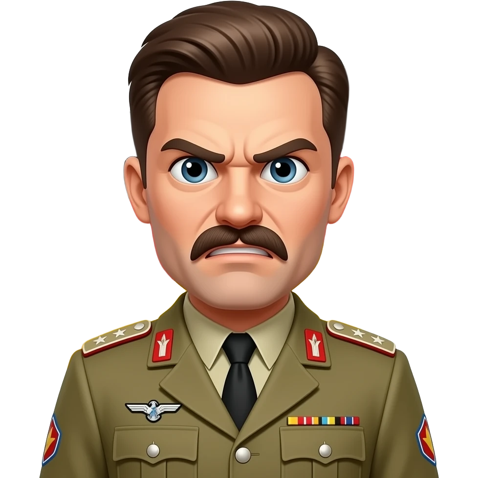 man with small rectangle mustache that looks angry, and he has khaki military uniform on with stars, and a german flag in the background emoji