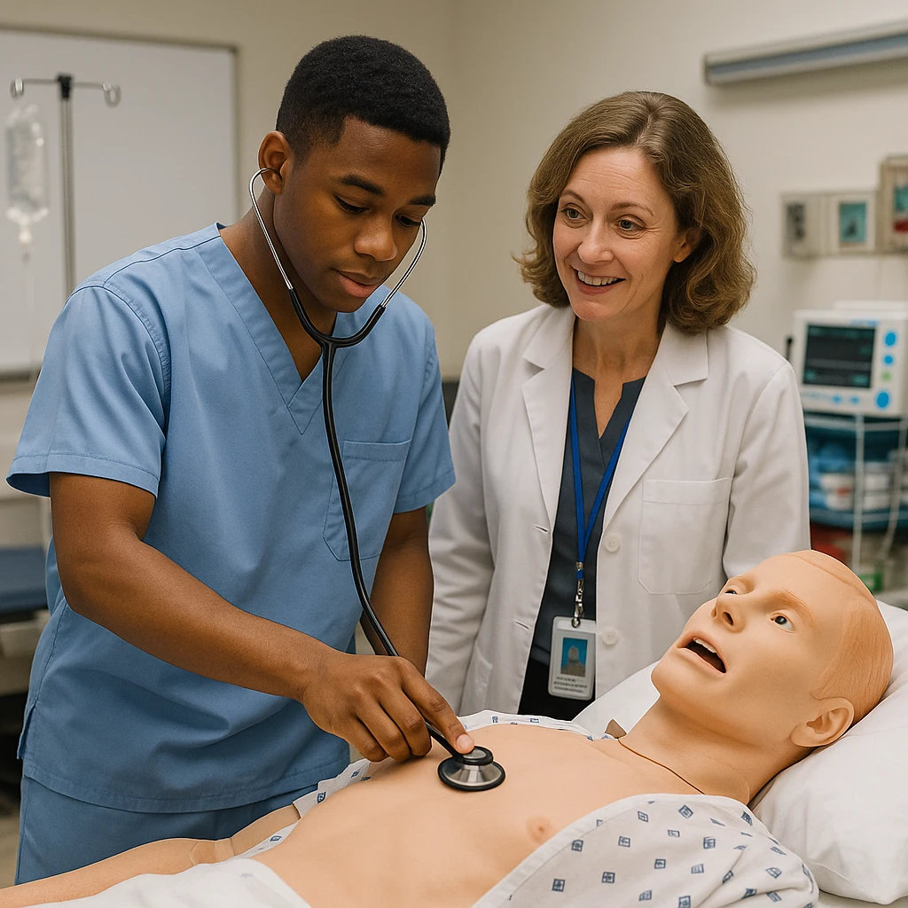 A student and teacher in a clinical skills lab, with the student demonstrating a medical technique, healthcare training, clinical education emoji