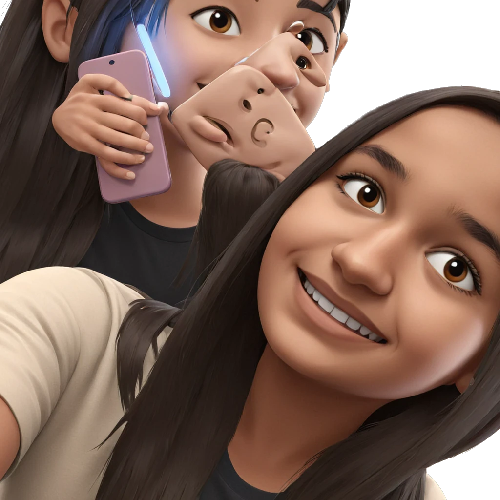 smiling girl with boy holding phone emoji