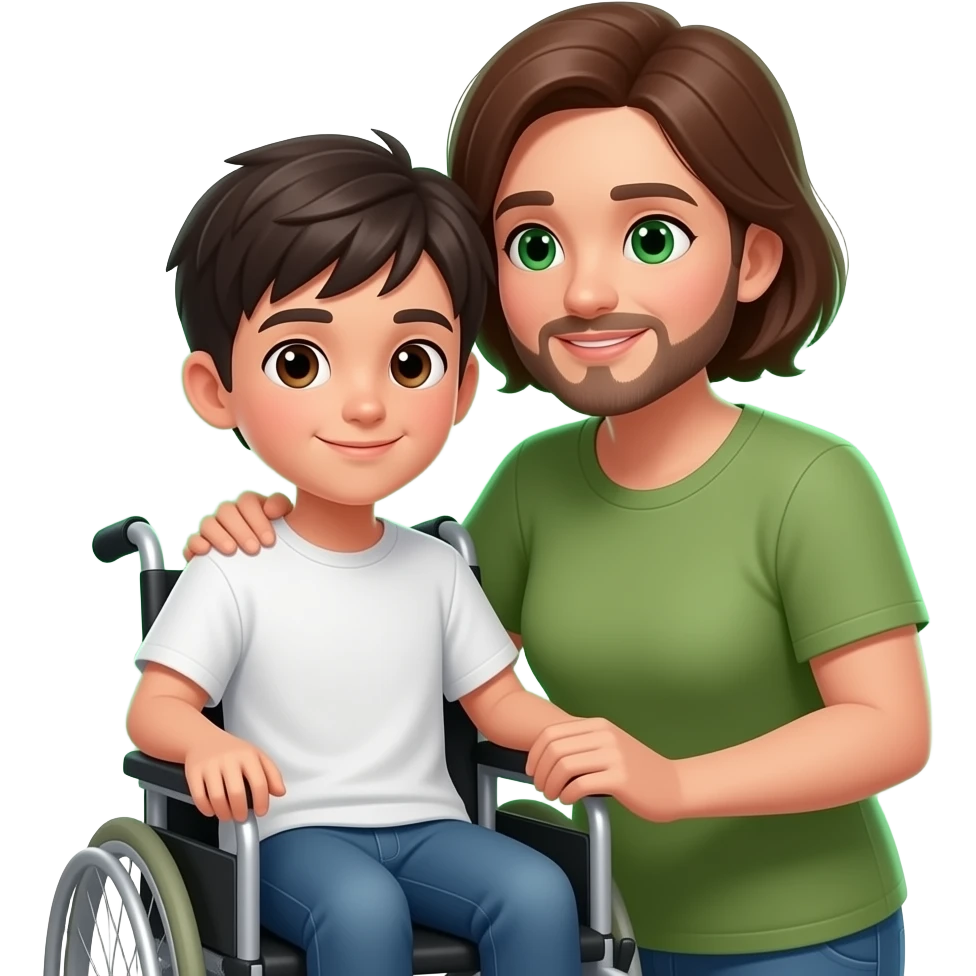 "Emoji WhatsApp minimalista estilo Disney: chico 15, piel blanca, pelo corto oscuro, ojos marrón, silla de ruedas; mamá aura verde ojos verdes; papá aura marrón ojos marrón, pelo corto, leve calvicie, barba mixta; abrazándolo, líneas simples, fondo transparente." emoji