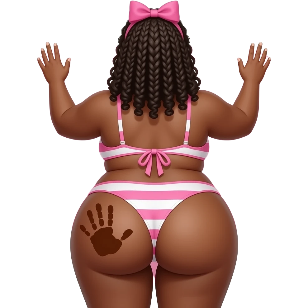 A tanned really extremely fat heart shaped pink and white big booty African showing back its bikini and big thighs and buttocks while putting her hands behind the wall and she has a brown colored hand print on her left buttocks and she with a pink bow tie on her head emoji