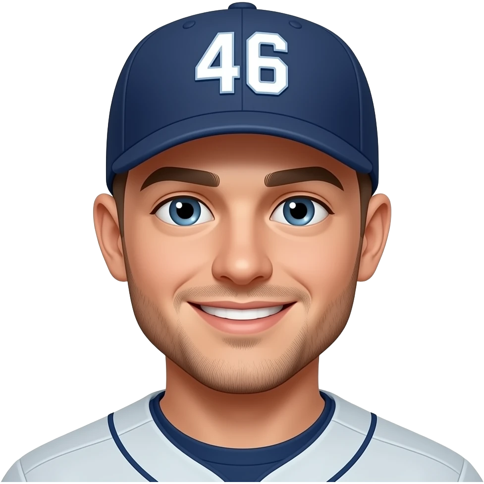 face of a young bald man with blue eyes, smiling, wearing a baseball cap with number 46 on it emoji