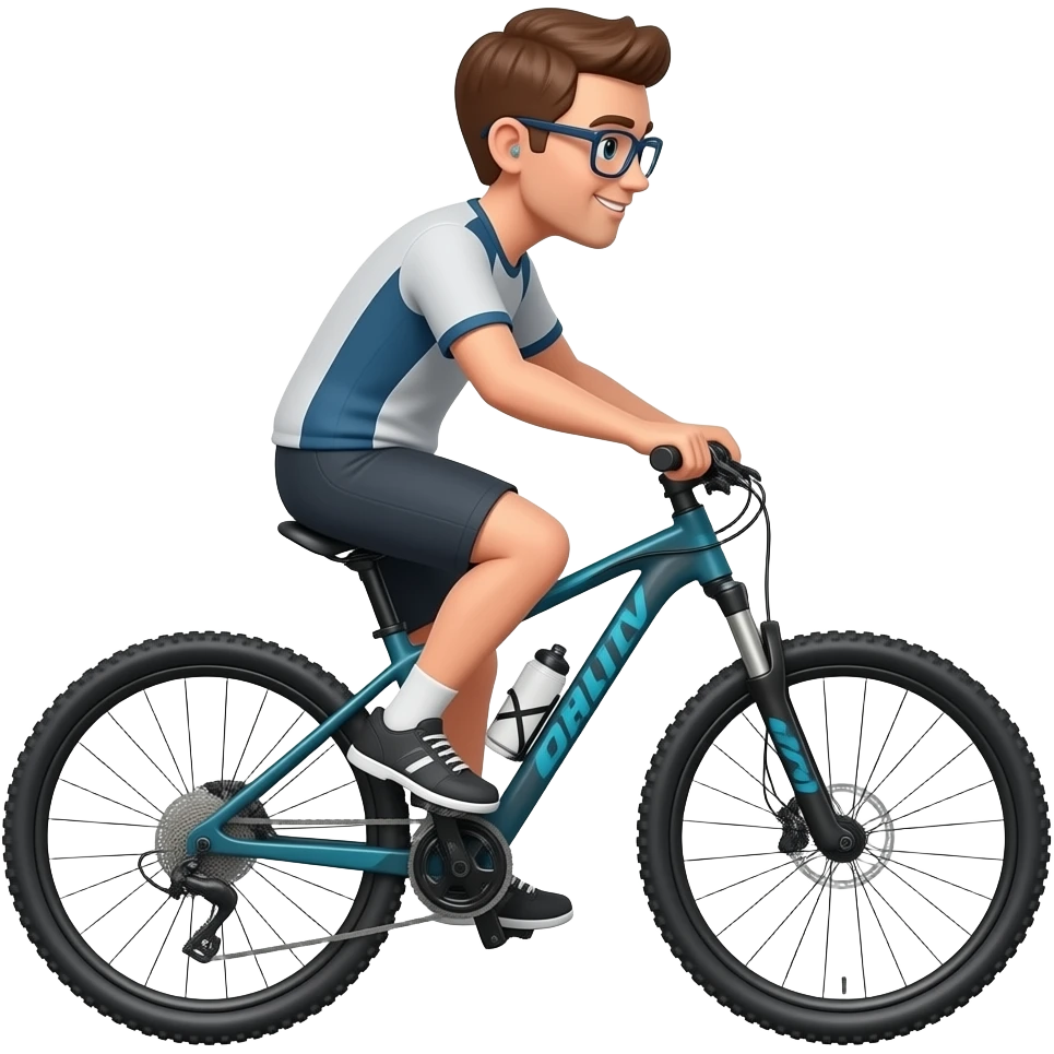 light brown hair guy with glasses and hearing aid doing mountain bike emoji