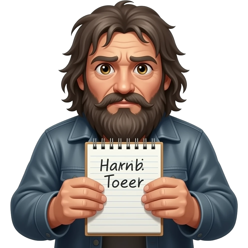 beggar holding Notepaper in two hands and showing emoji