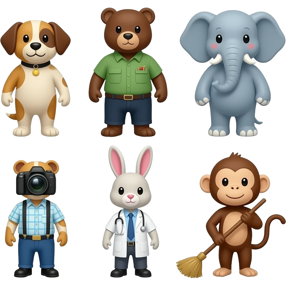 Zookeeper dog, cashier bear, dentist dog, musician elephant, photographer rabbit, and street sweeper monkey emoji