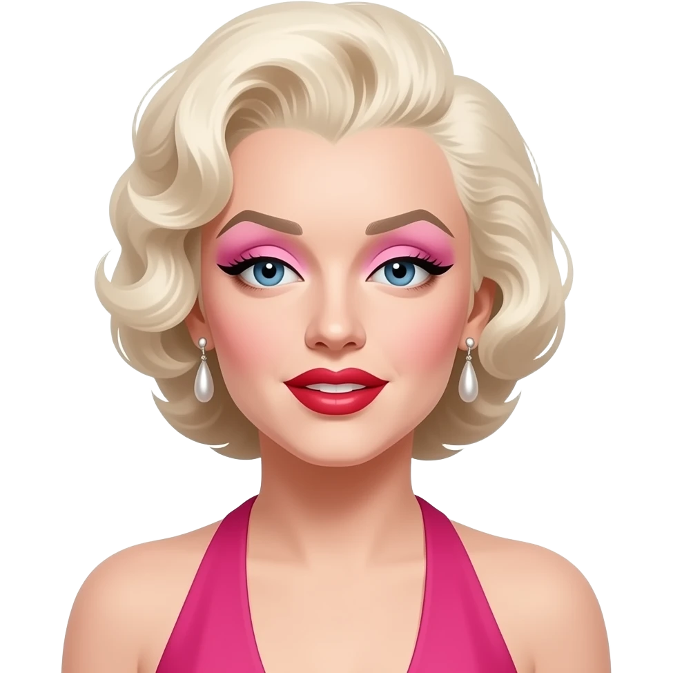 Marilyn Monroe with blue eyes, white-blonde hair, pink eyeshadow, red lipstick, hot pink halter dress, earrings emoji
