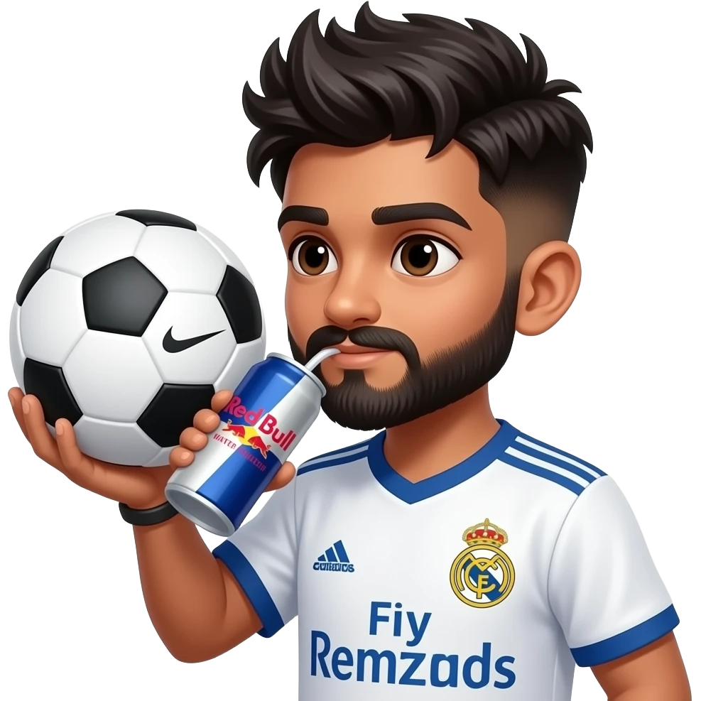 Boy with a European Nike soccer ball, in Real Madrid jersey Indian young boy with a lightly trimmed beard and side fade with messy spike hairstyle, drinking redbull watermelon flavor, hair and beard color is black emoji