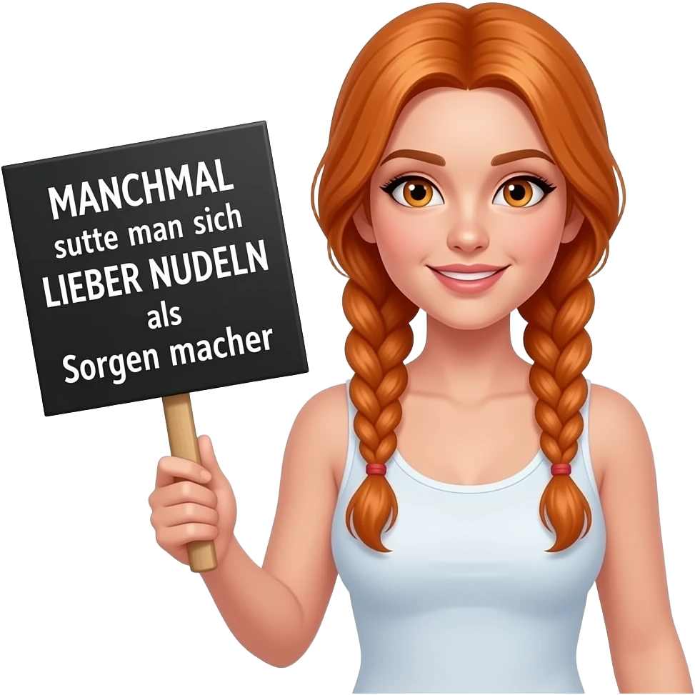 sexy girl with long ginger braids and ginger eyes wearing a white tanktop is holding a black sign with MANCHMAL sollte man sich LIEBER NUDELN als Sorgen machen written on it emoji
