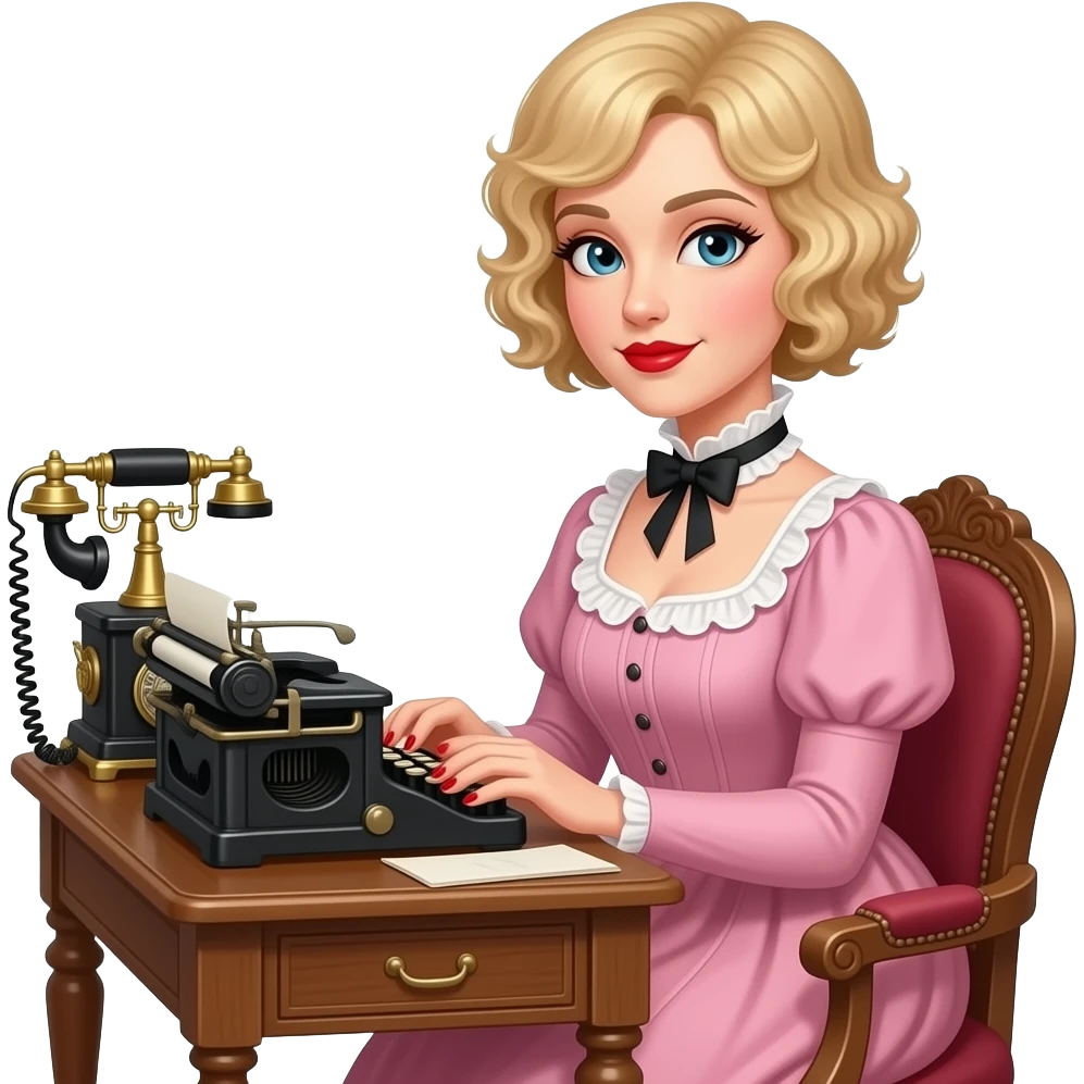 short blonde curly pixie bob hair in a 1800 pink outfit sitting down an antique desk, antique phone, and typing on an antique typewriter with red lipstick, red finger nails and in a Victorian setting emoji