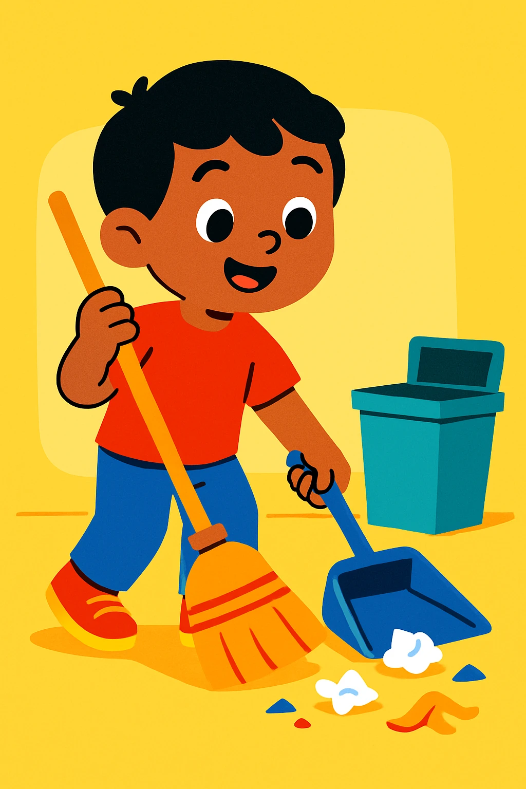 a child helping to clean up, etiquette theme, vibrant toon style emoji