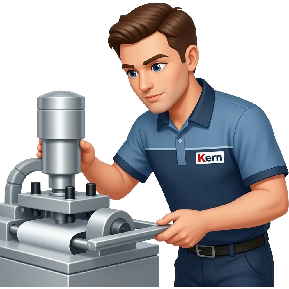 service technician with kern logo working on a Kern enveloping inserting system. visit www.kernworld.com to check aur machines. emoji