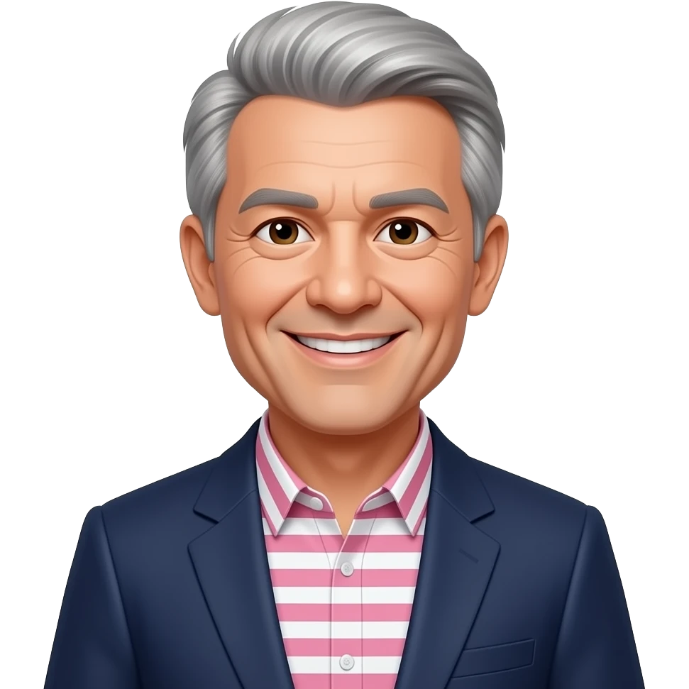 DJR - man, age 70, grey hair, pink and white striped shirt, dark blue blazer, friendly smile emoji