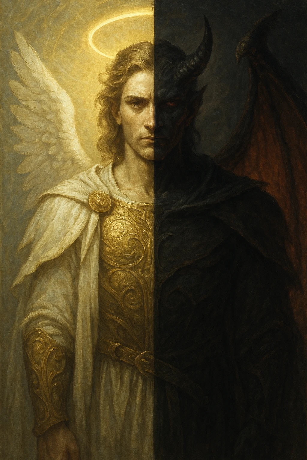 A character that is half demon and half angel, split down the middle, with one side angelic featuring a halo, white wing, and glowing aura, and the other side demonic with a horn, red wing, and dark aura, highly detailed, dramatic lighting, fantasy art style emoji