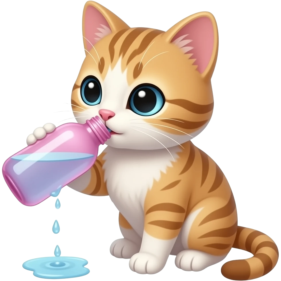 Gatinho bebendo água em garrafa rosa emoji