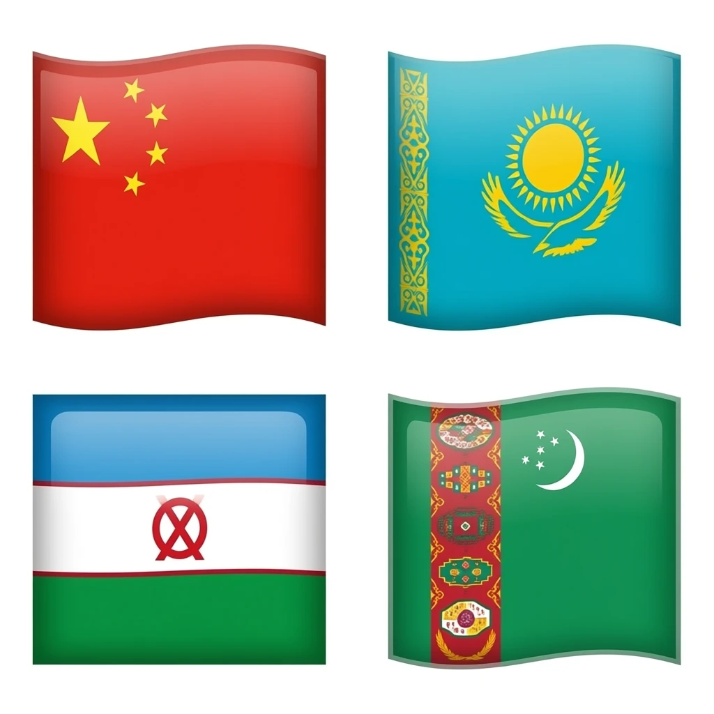Make the Kazakhstan with chinas flag with the äynu flag that is similar to turkey and the Uyğur flag that is also similar to turkey and turkmenistans flag emoji