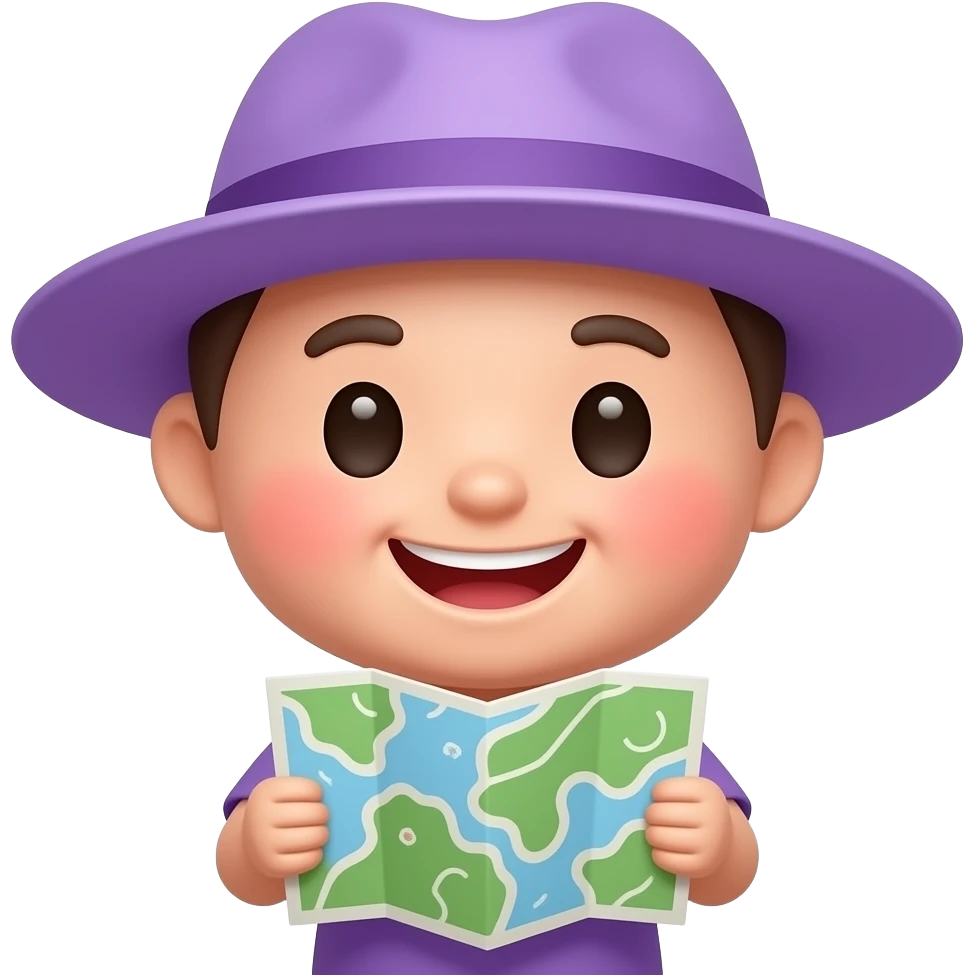 Round smiling emoji face, lilac hat, coral accents, holding a small map, portrait, close-up, happy expression, Apple emoji style, predominantly lilac with coral accents, genderless emoji