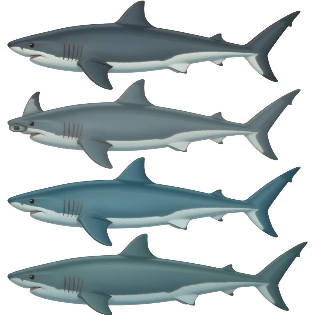 4 sharks: Tiger shark, hammerhead shark, thresher shark, and greenland shark emoji