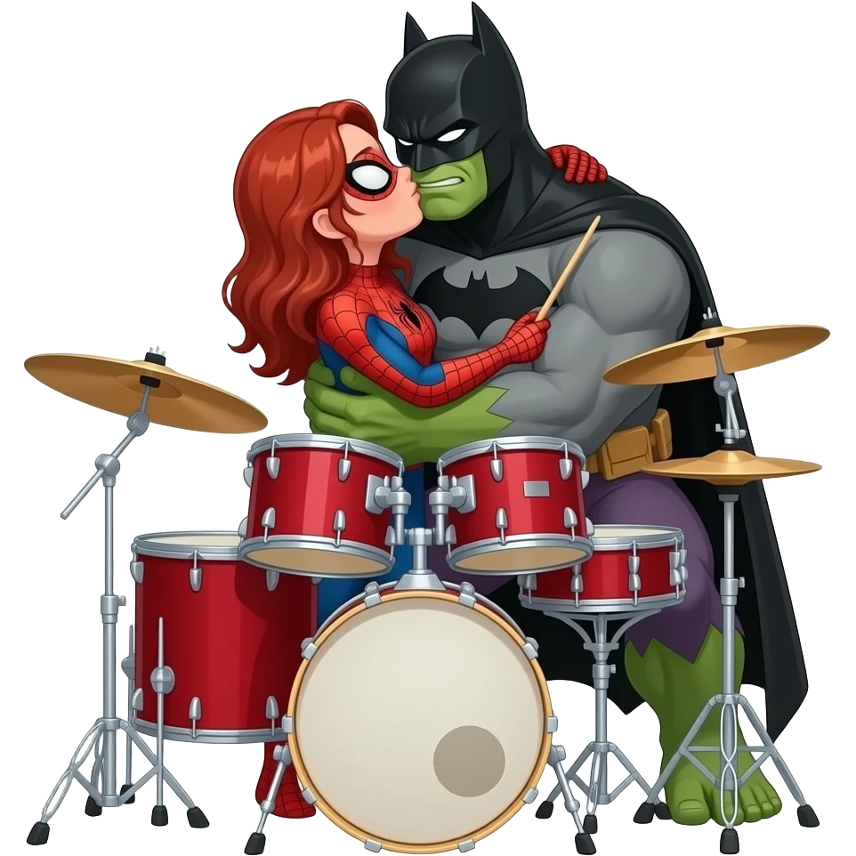 3 characters. Spiderman kissing a red hair girl, batman drulling and hugging both. Hulk hugging both emoji