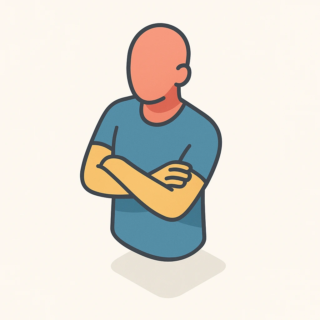minimalist human silhouette without hair, standing with arms crossed on chest, symbol of self-care, 2D isometric style, very simple shape, clear shadows and highlights emoji