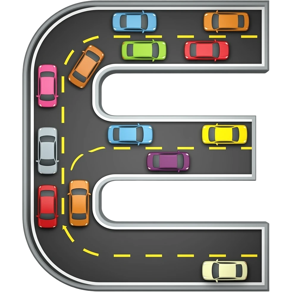 the letter E designed like a road where cars are moving relating to science emoji