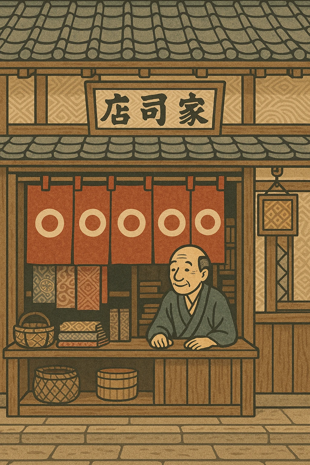 Japanese traditional fabric noren curtain, red cloth with white circle pattern, old-fashioned shop atmosphere, Japanese style emoji