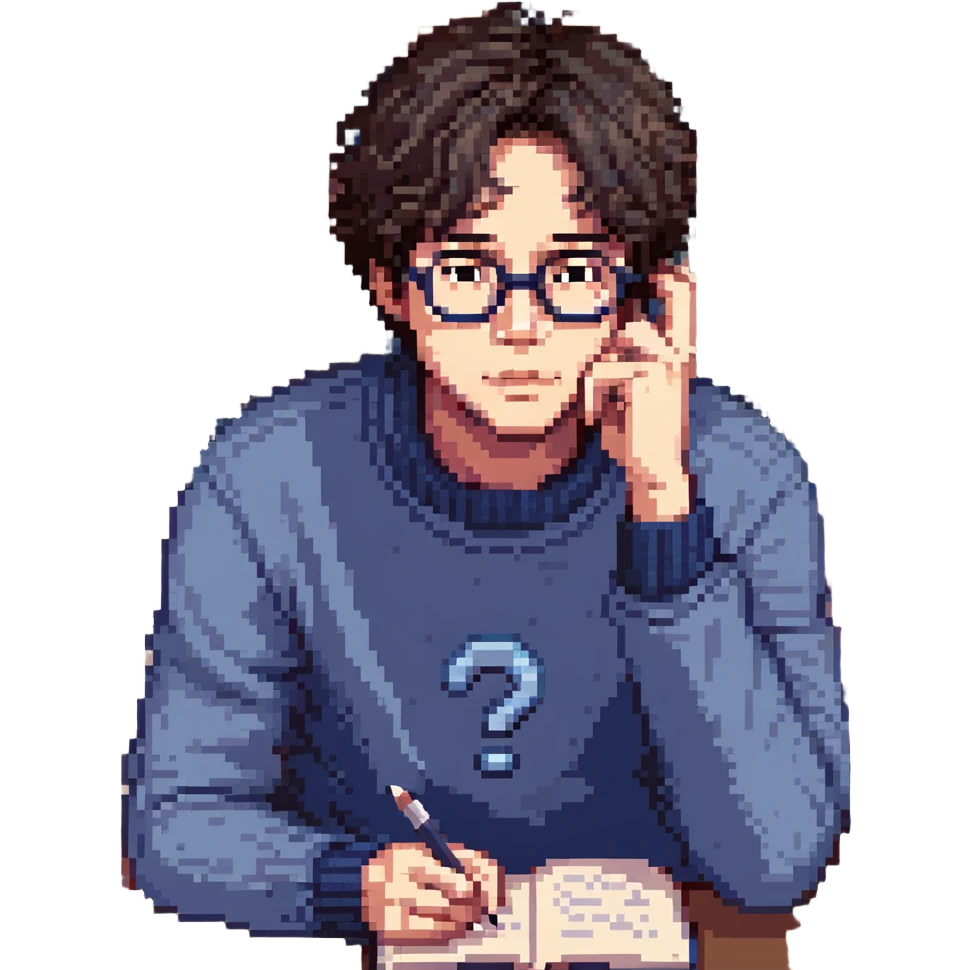 Flat pixel are, calm and curious male thinker, light skin, short tousled dark hair, round glasses, focused expression, wearing an indigo sweater, seated at a desk with open books and a floating question mark above his head, one hand resting under his chin in thought, waist-up, front-facing emoji