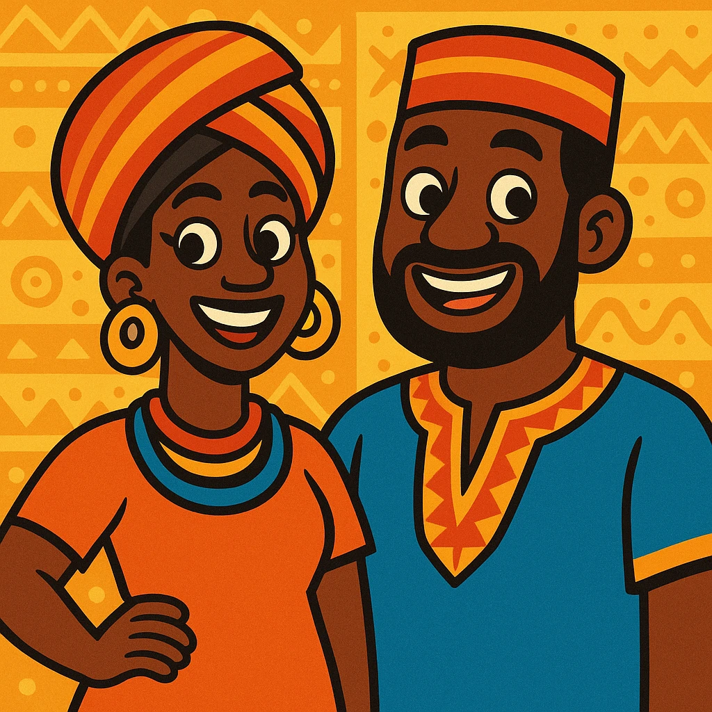 African parents, lively expressions, cultural details, playful toon style emoji