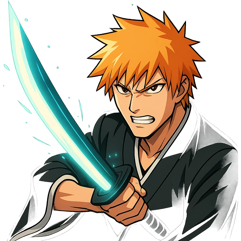 Ichigo Kurosaki from Bleach, fierce expression, wielding Zanpakuto with glowing sword effect, subtle animation with sword glowing and energy pulsing, modern sharp anime style, bold colors, clean lines, slightly futuristic, optimized for chat emoji emoji