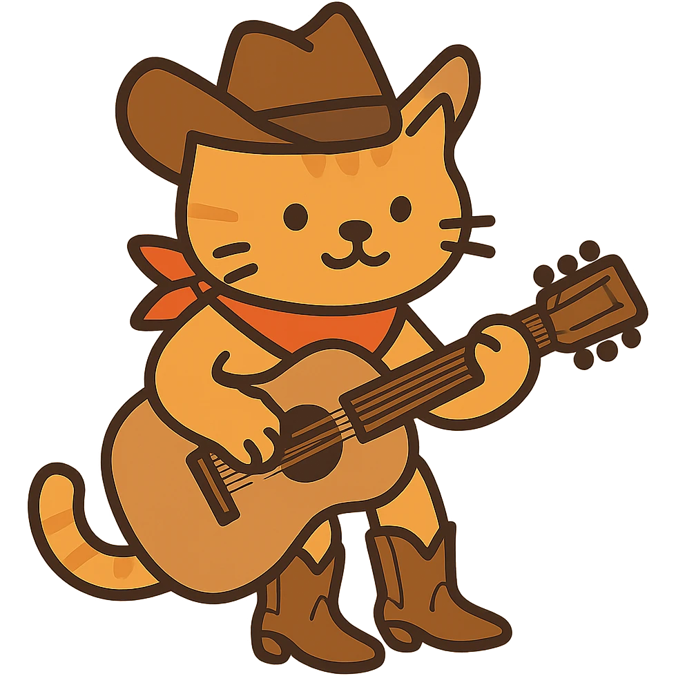 flat toon orange cowboy cat strumming an acoustic guitar, wearing cowboy boots and a bandana emoji